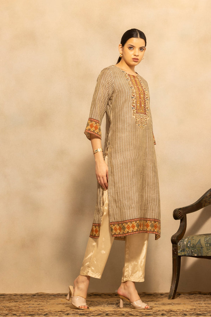 Beige Printed Kurta 3 Pcs Set