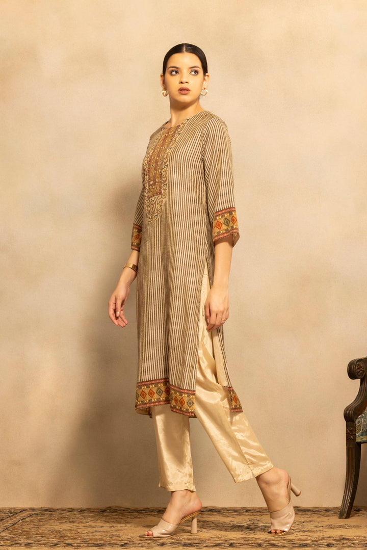 Beige Printed Kurta 3 Pcs Set