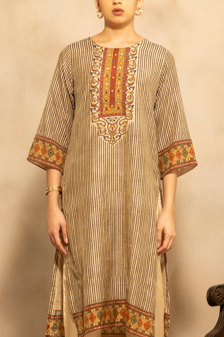 Beige Printed Kurta 3 Pcs Set