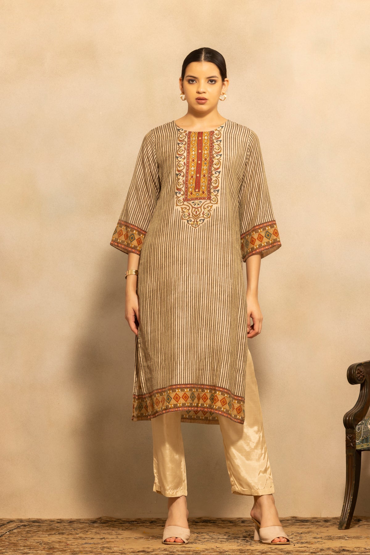 Beige Printed Kurta 3 Pcs Set