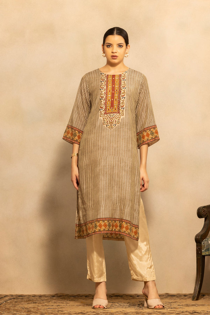 Beige Printed Kurta 3 Pcs Set