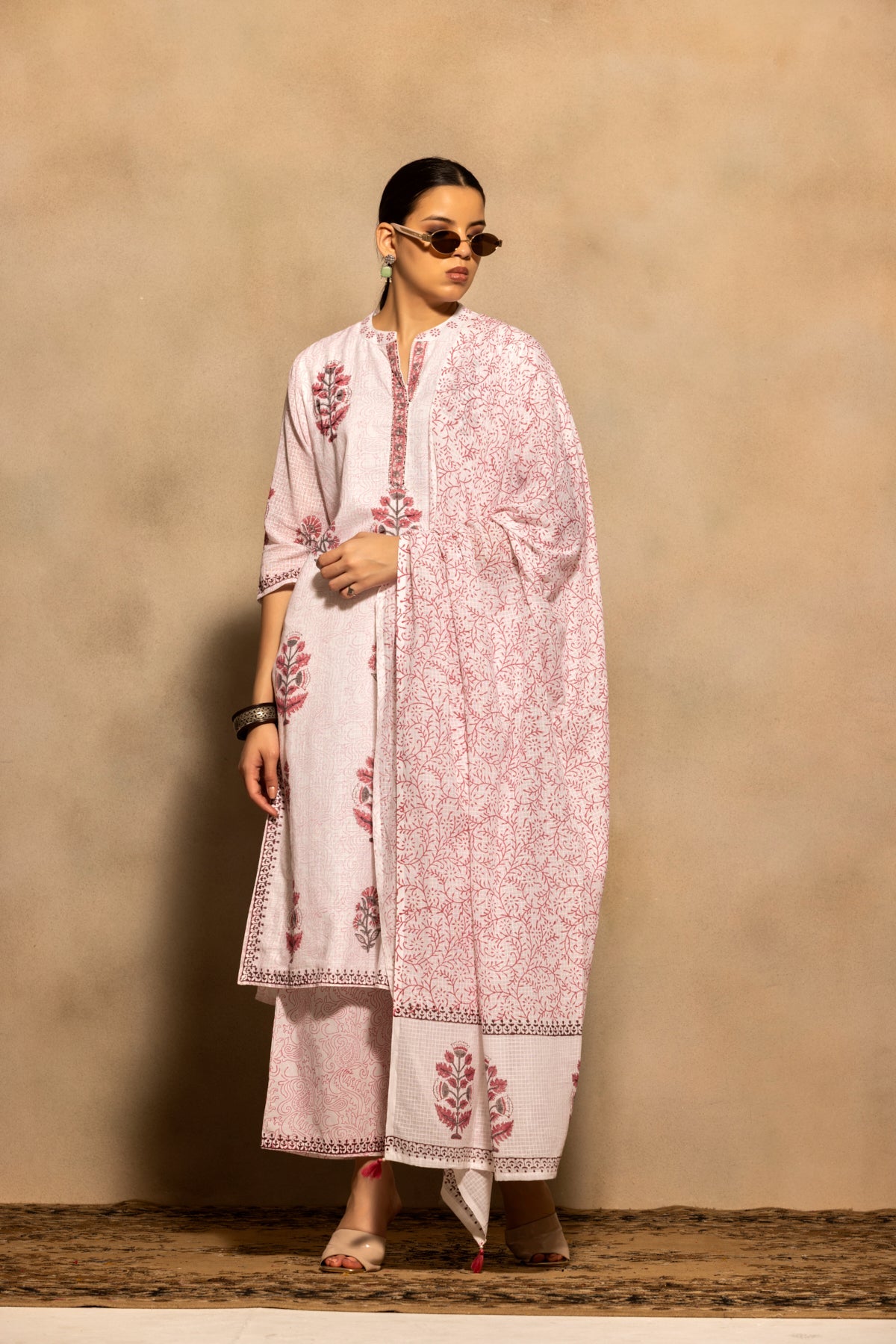 White Printed Kurta 3 Pcs Set