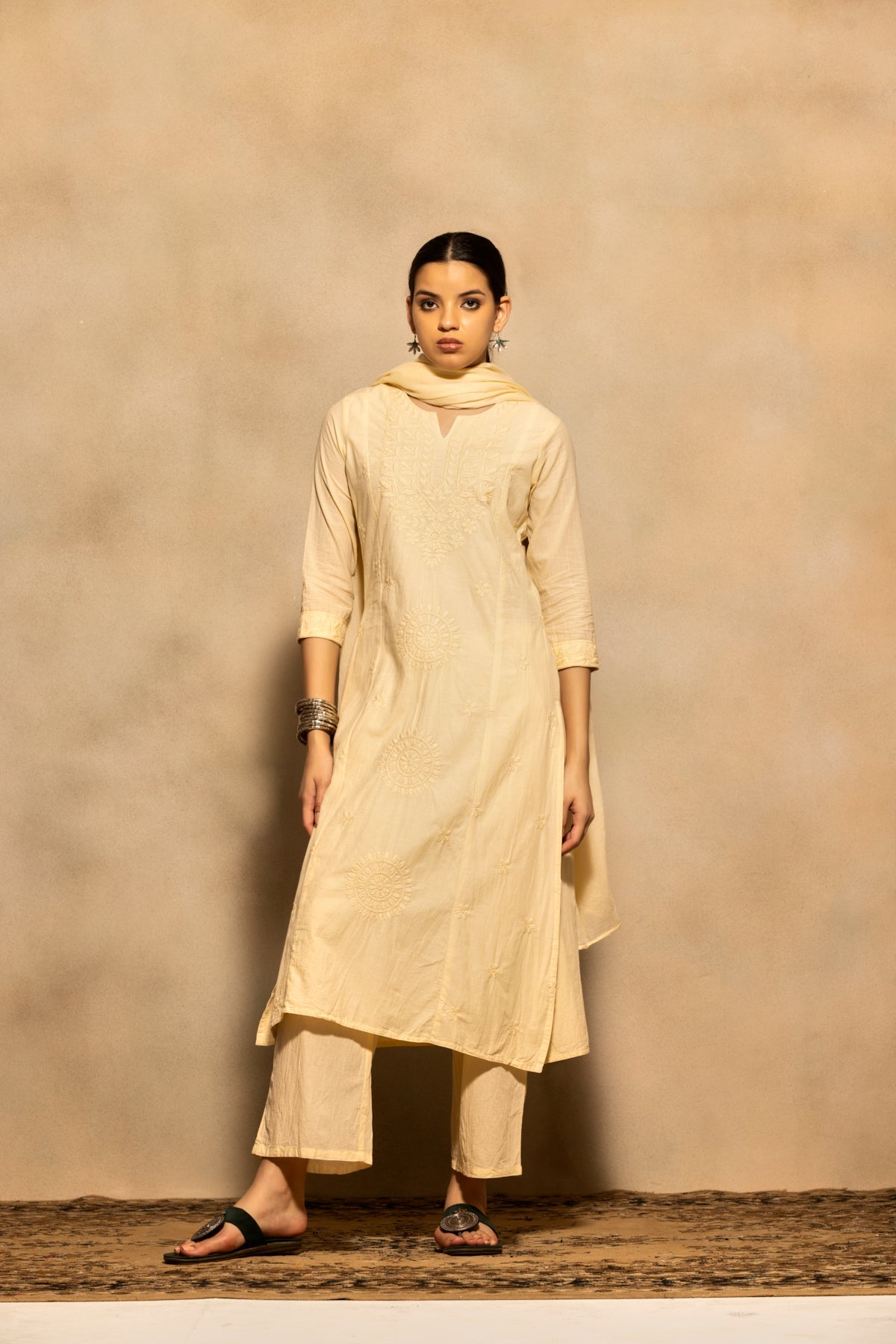 Beige Embroidered Kurta 3 Pcs Set