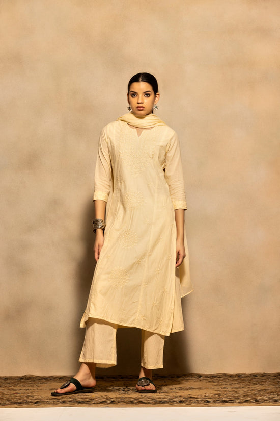 Beige Embroidered Kurta 3 Pcs Set