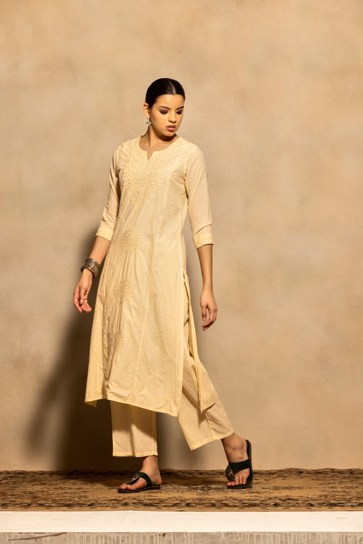 Beige Embroidered Kurta 3 Pcs Set