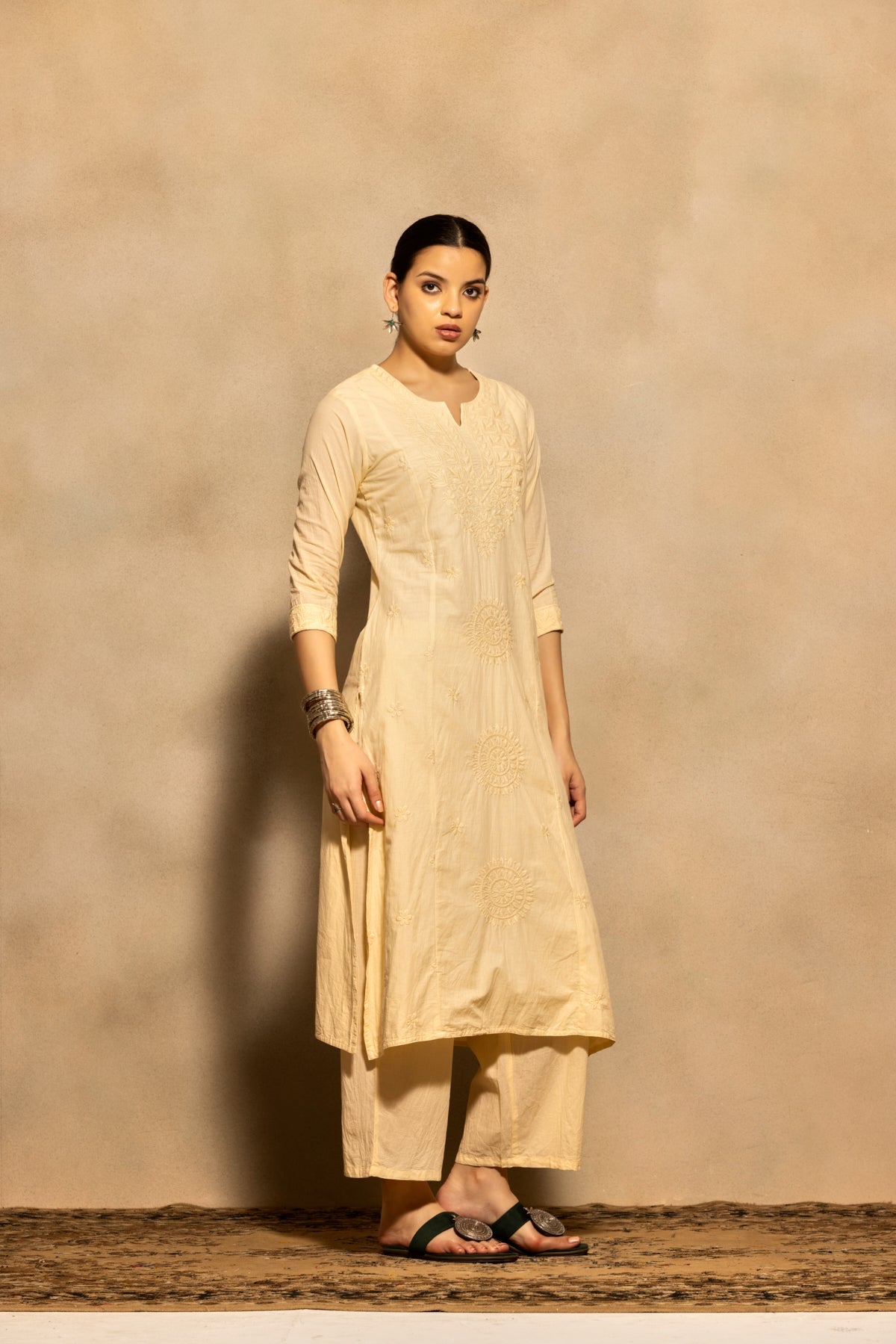 Beige Embroidered Kurta 3 Pcs Set