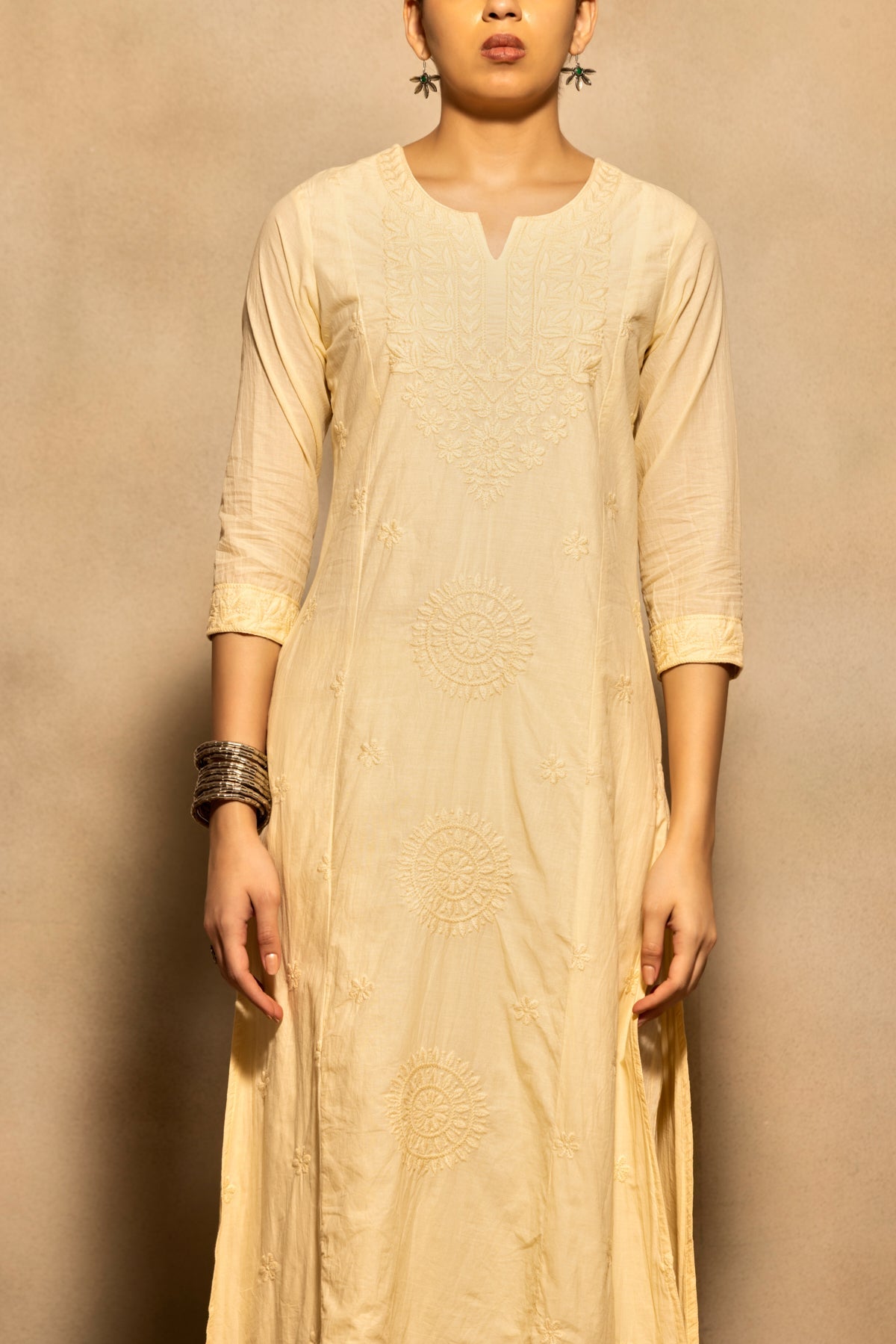 Beige Embroidered Kurta 3 Pcs Set