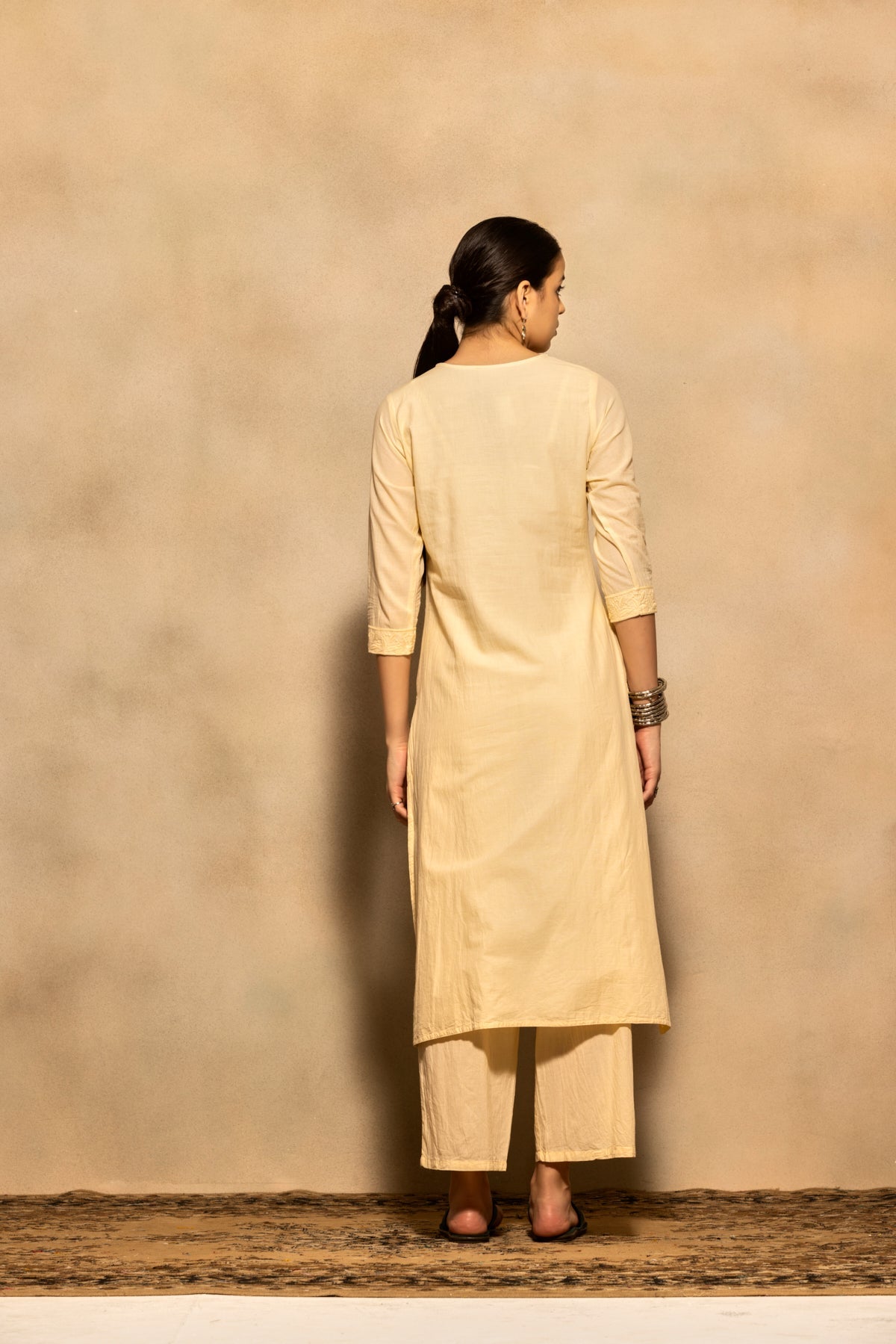 Beige Embroidered Kurta 3 Pcs Set