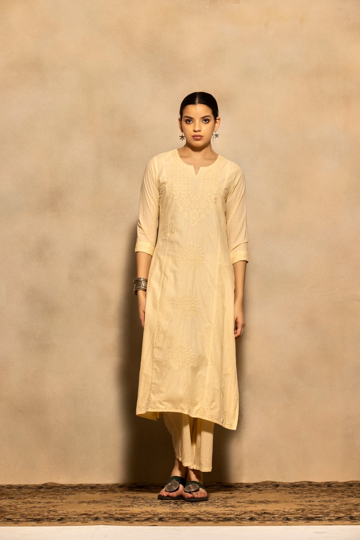 Beige Embroidered Kurta 3 Pcs Set