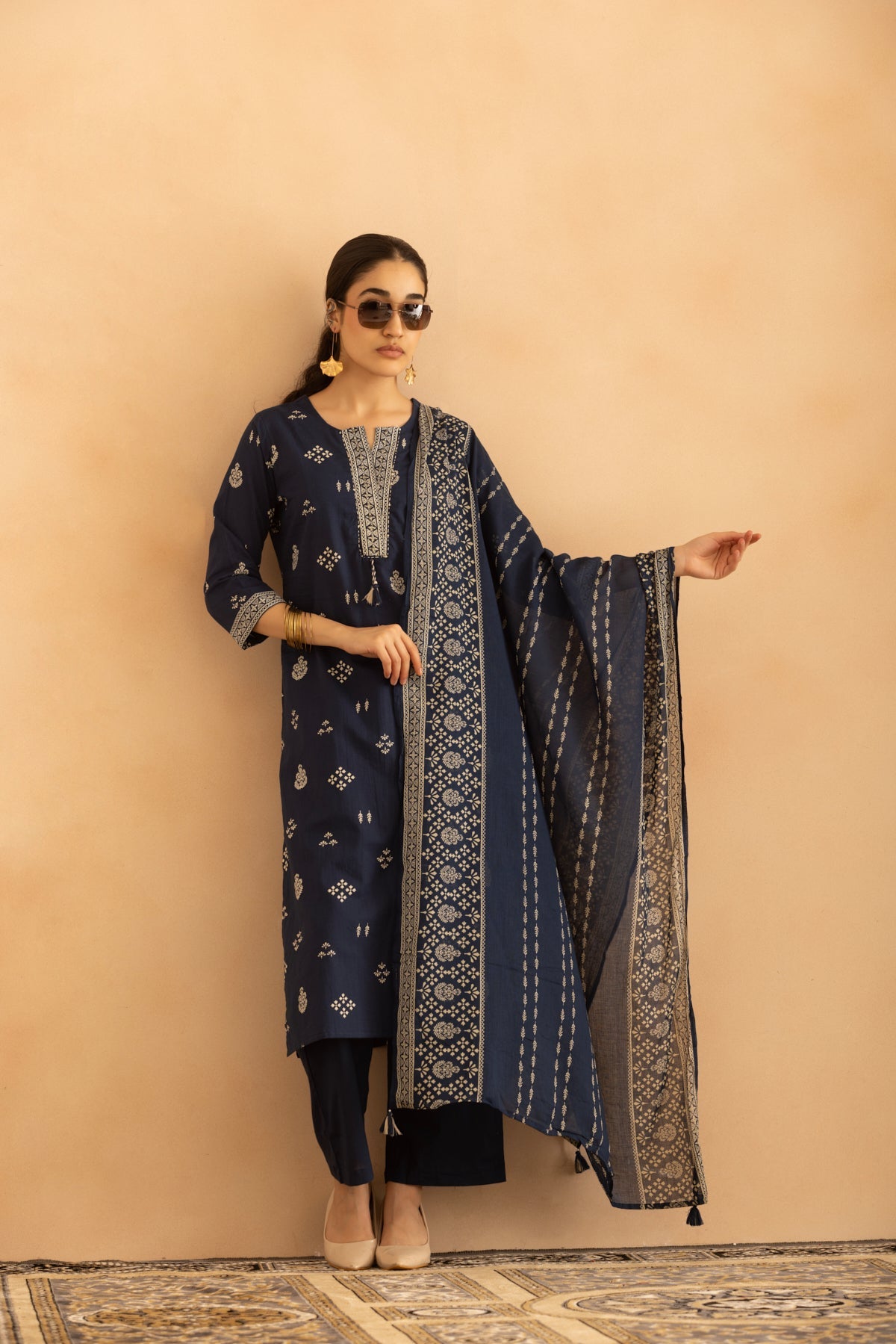 Blue Printed Kurta 3 Pcs Set