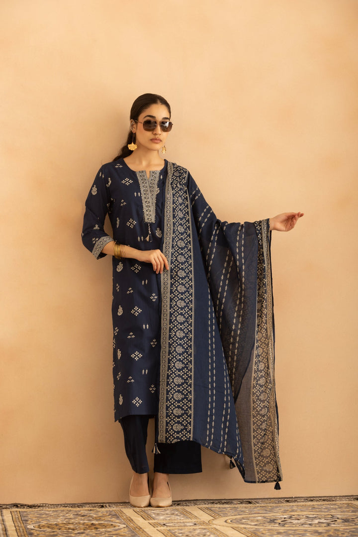 Blue Printed Kurta 3 Pcs Set