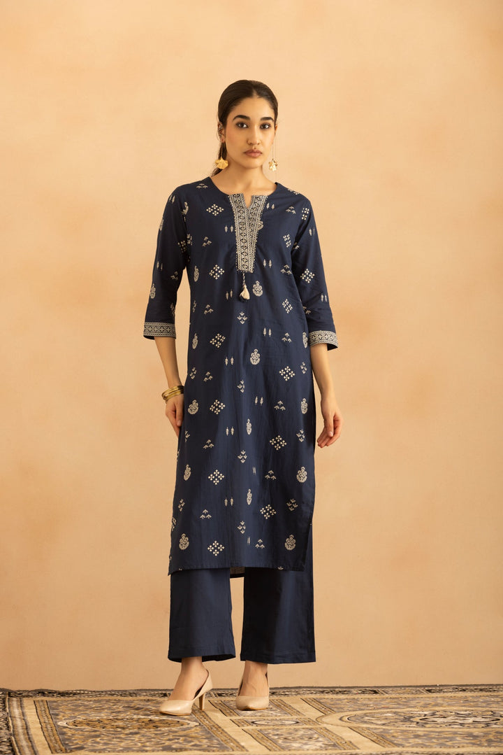 Blue Printed Kurta 3 Pcs Set