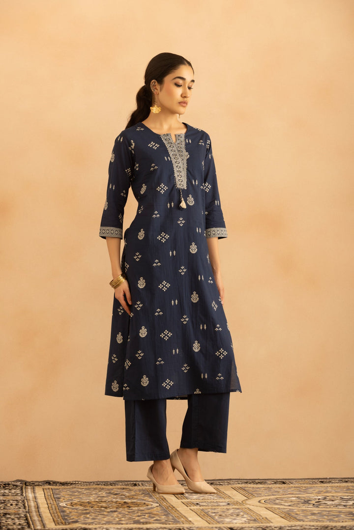 Blue Printed Kurta 3 Pcs Set
