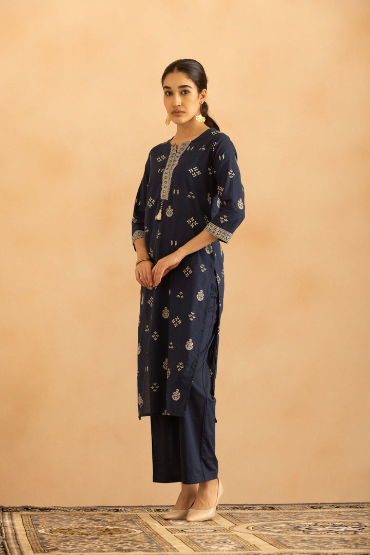 Blue Printed Kurta 3 Pcs Set