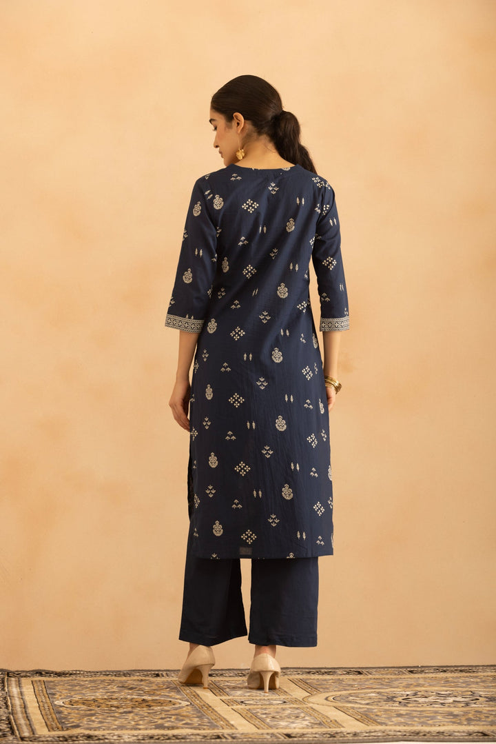 Blue Printed Kurta 3 Pcs Set