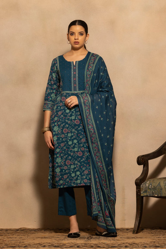 Teal Floral Printed Kurta 3 Pcs Set