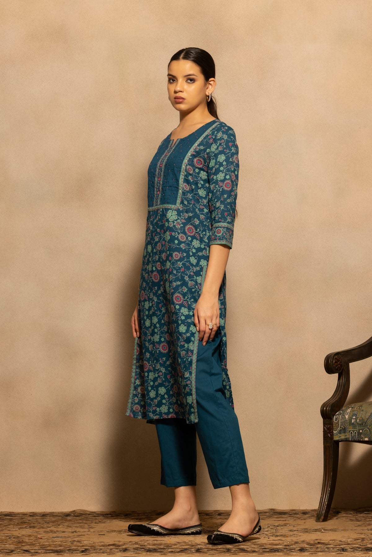 Teal Floral Printed Kurta 3 Pcs Set