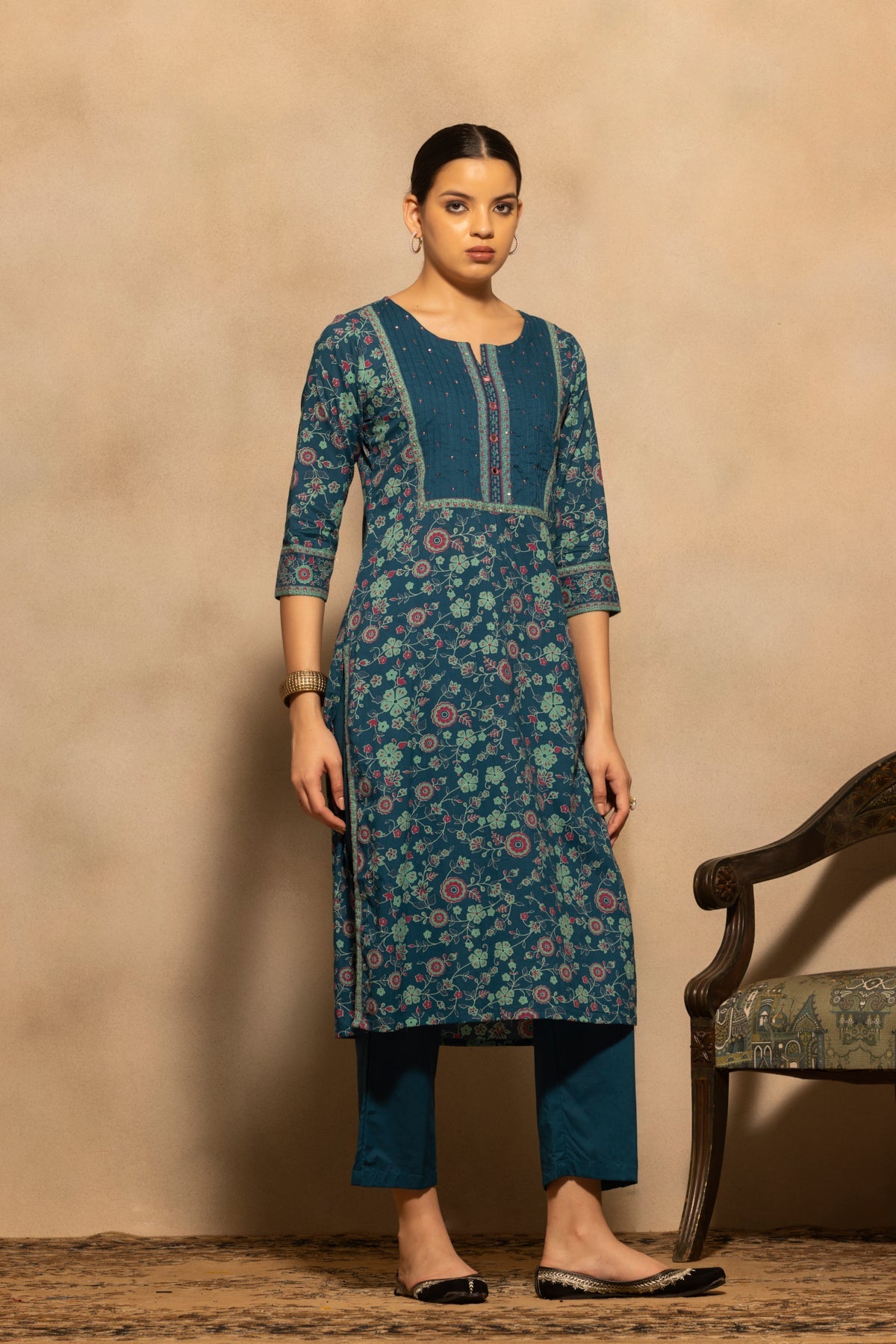 Teal Floral Printed Kurta 3 Pcs Set