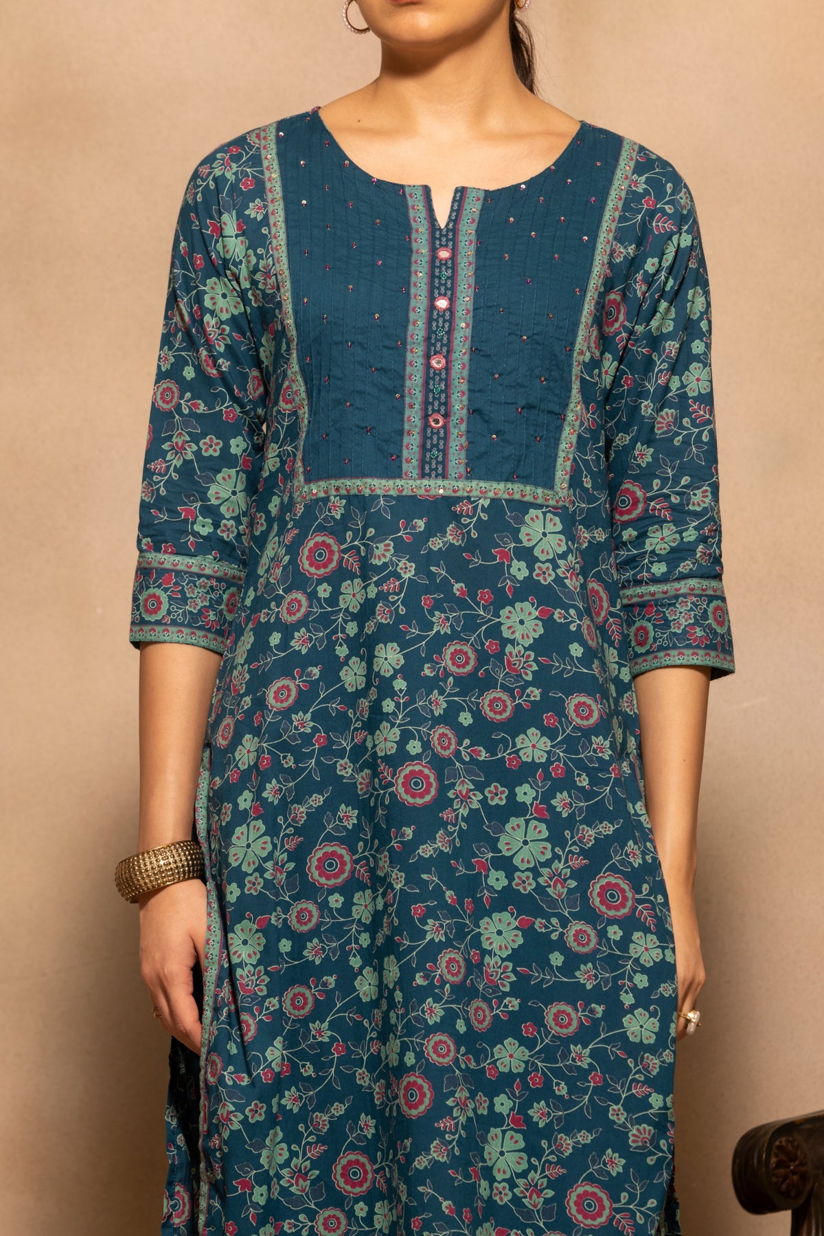 Teal Floral Printed Kurta 3 Pcs Set