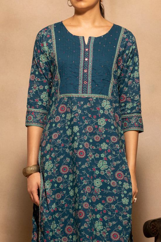 Teal Floral Printed Kurta 3 Pcs Set