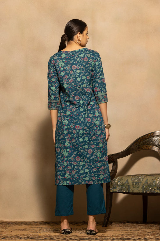 Teal Floral Printed Kurta 3 Pcs Set
