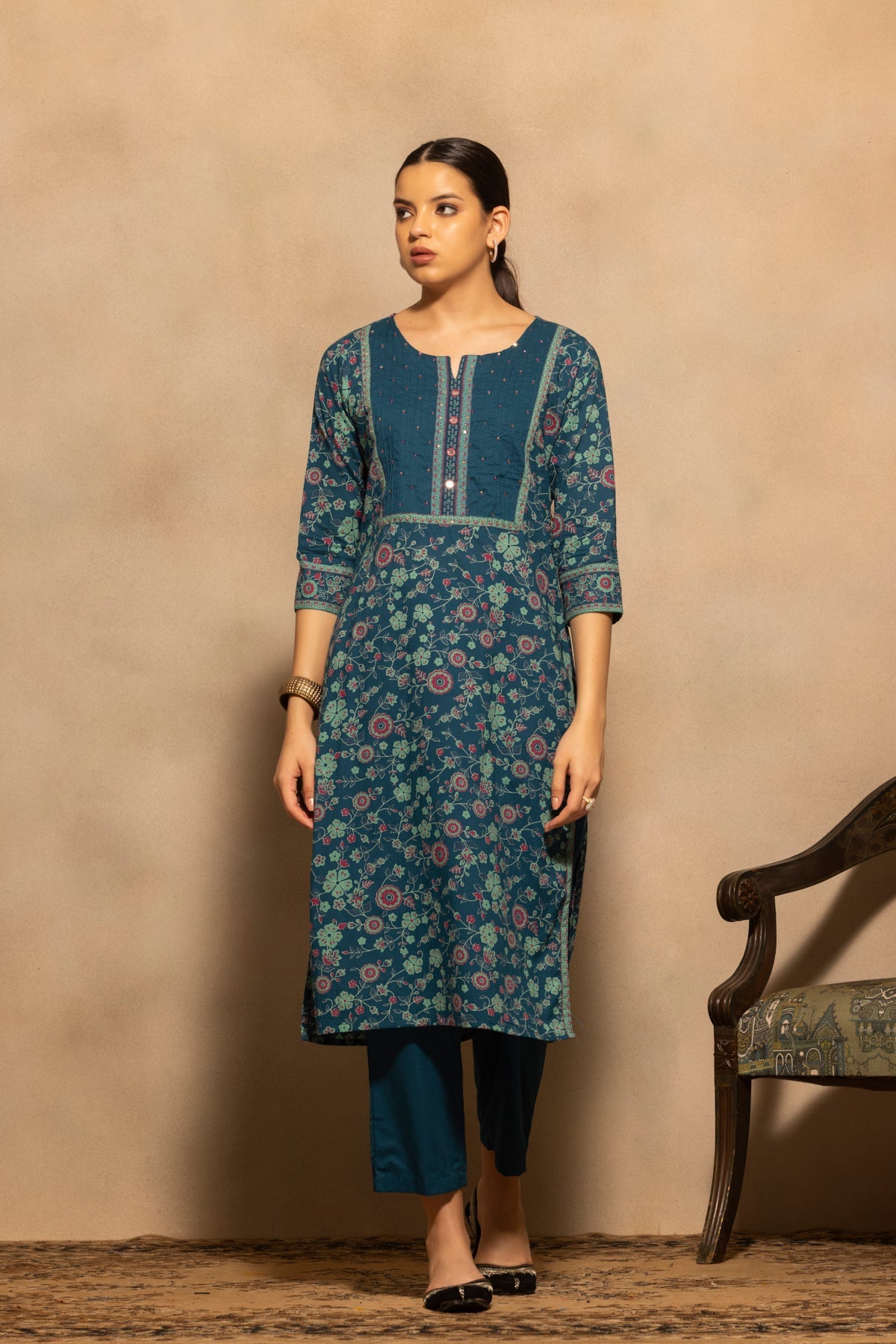 Teal Floral Printed Kurta 3 Pcs Set