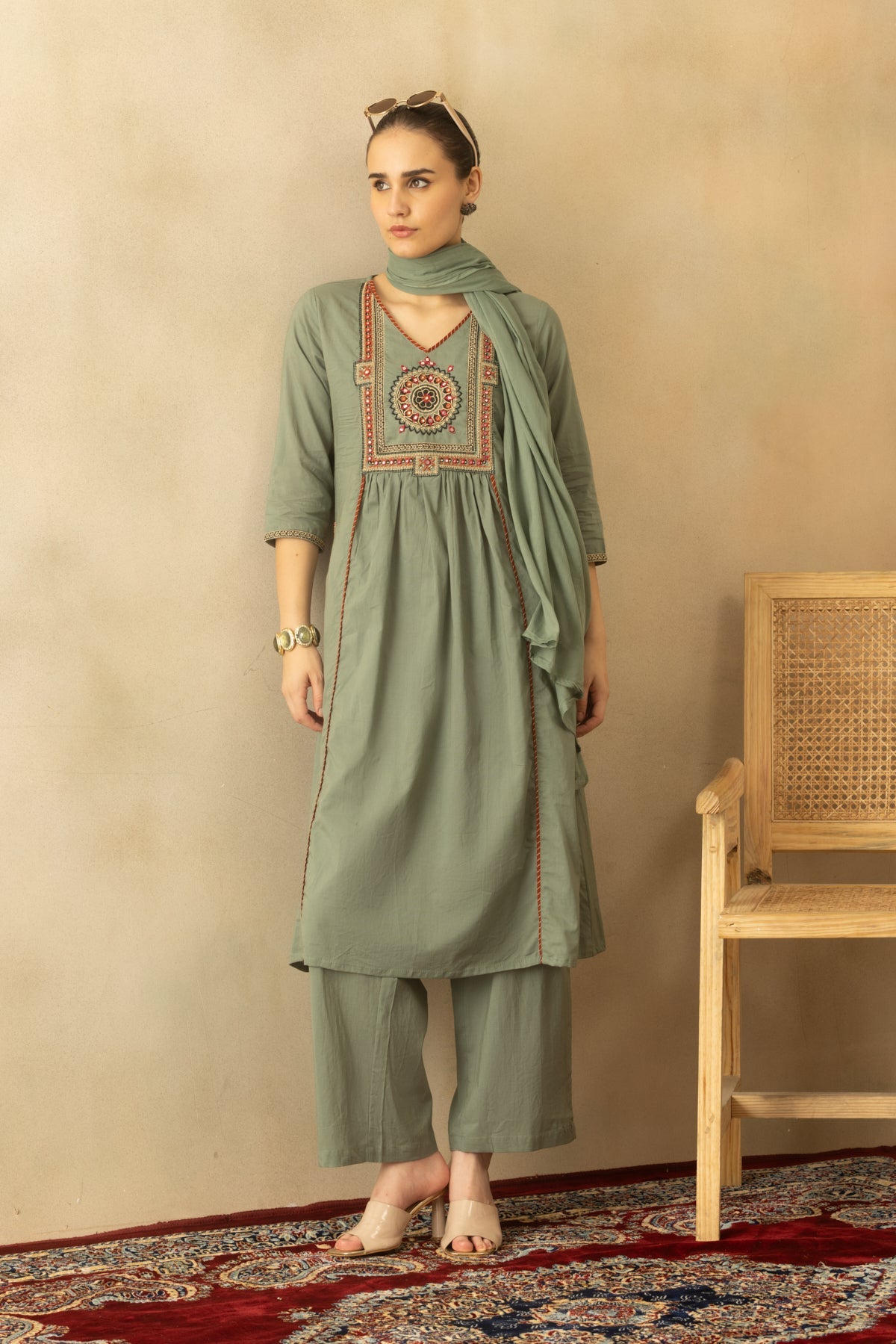 Green Flared Embroidered Kurta 3 Pcs Set