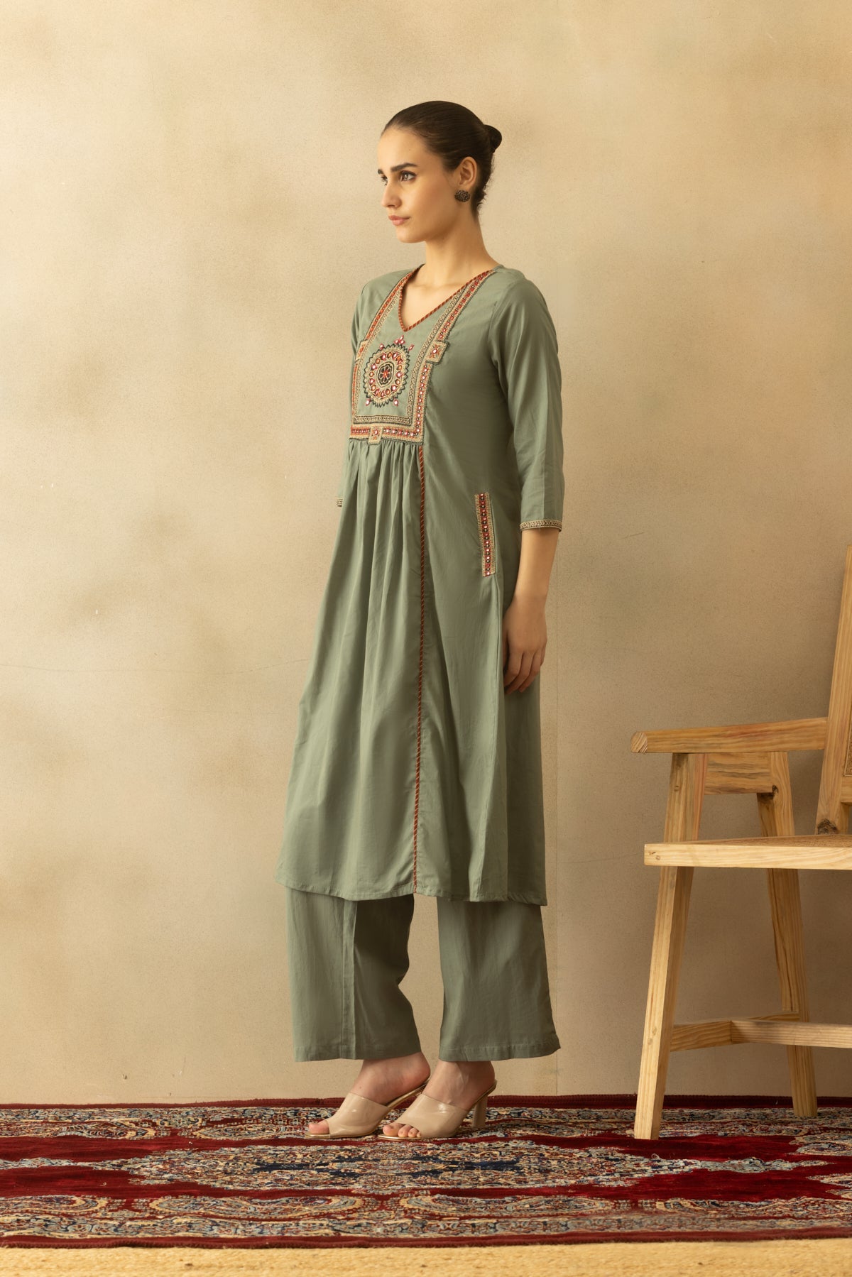 Green Flared Embroidered Kurta 3 Pcs Set