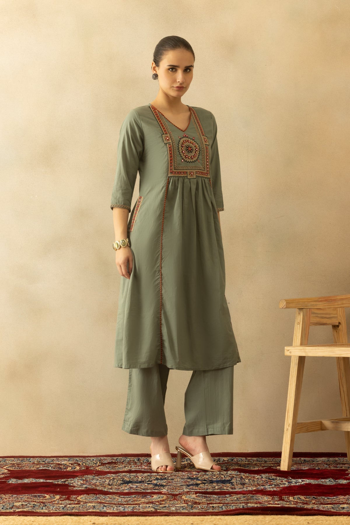 Green Flared Embroidered Kurta 3 Pcs Set