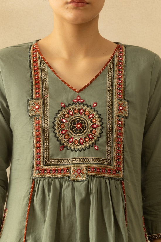 Green Flared Embroidered Kurta 3 Pcs Set