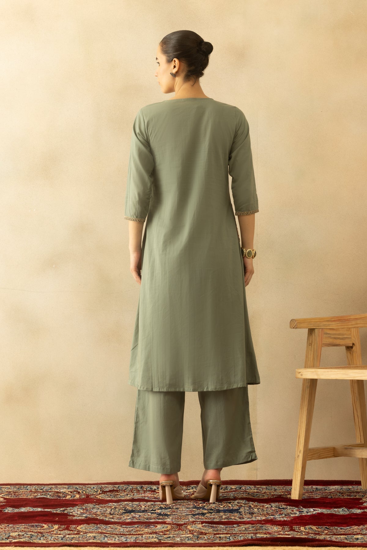 Green Flared Embroidered Kurta 3 Pcs Set