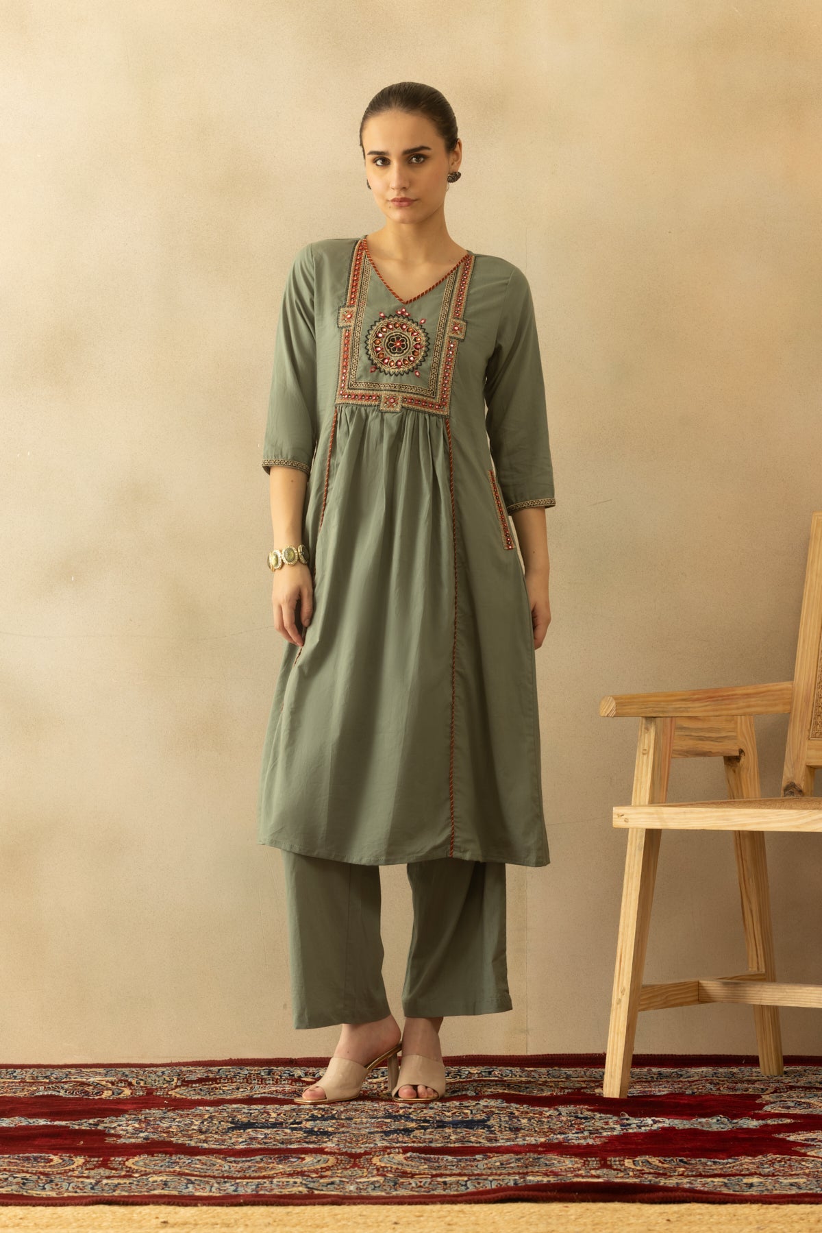 Green Flared Embroidered Kurta 3 Pcs Set