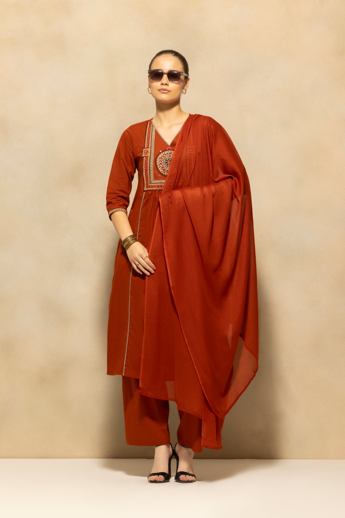 Rust Flared Embroidered Kurta 3 Pcs Set