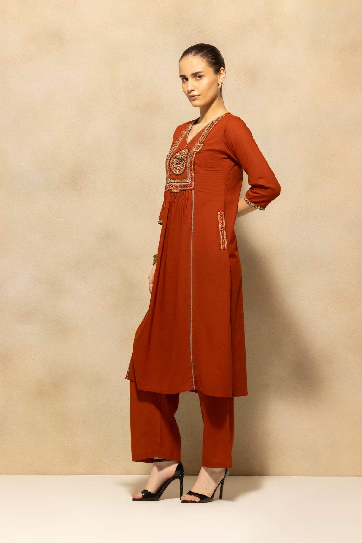 Rust Flared Embroidered Kurta 3 Pcs Set