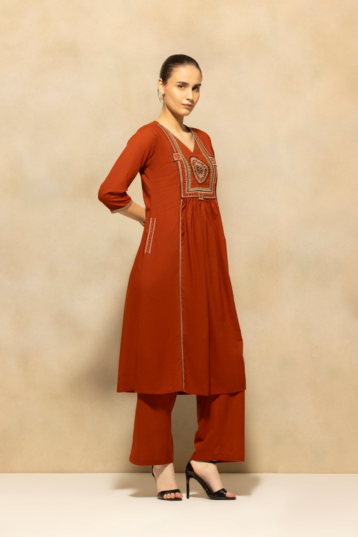 Rust Flared Embroidered Kurta 3 Pcs Set