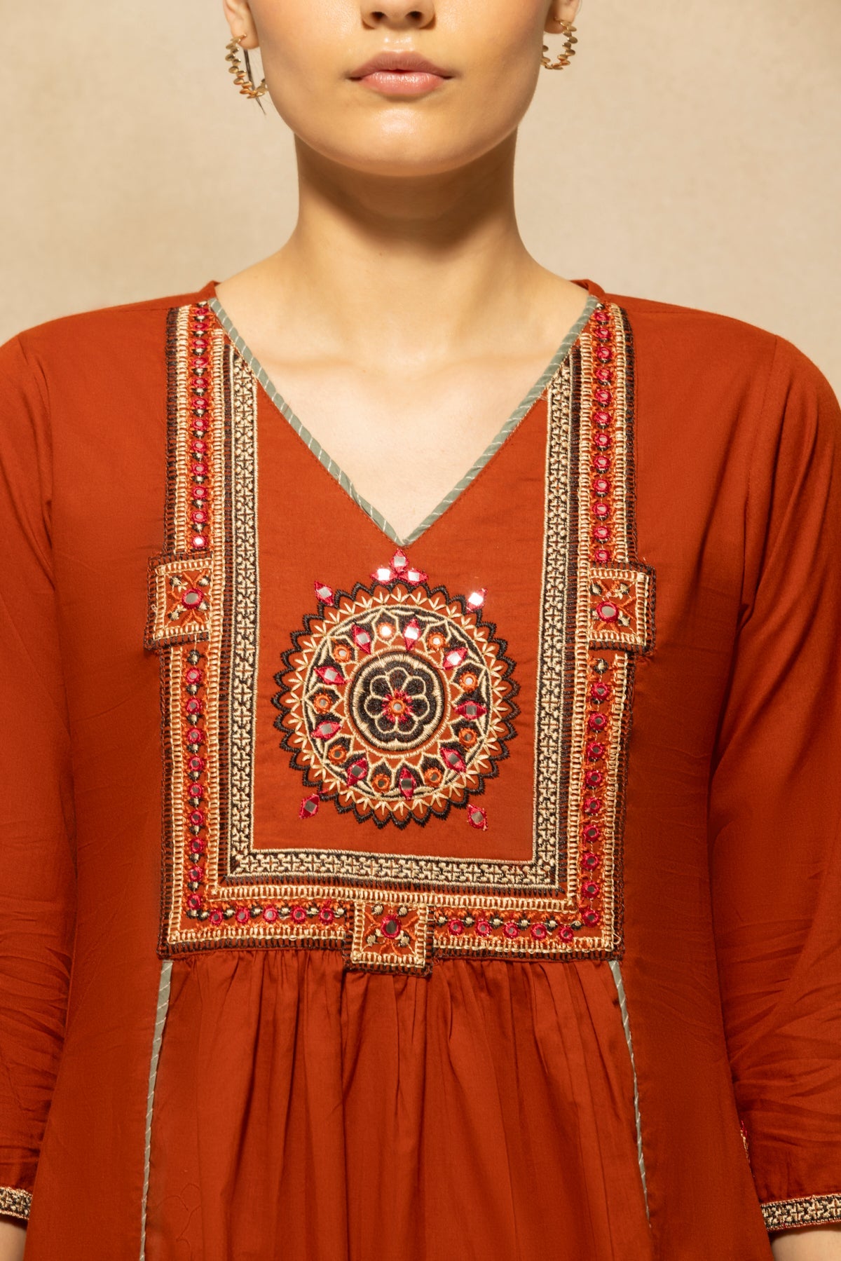Rust Flared Embroidered Kurta 3 Pcs Set