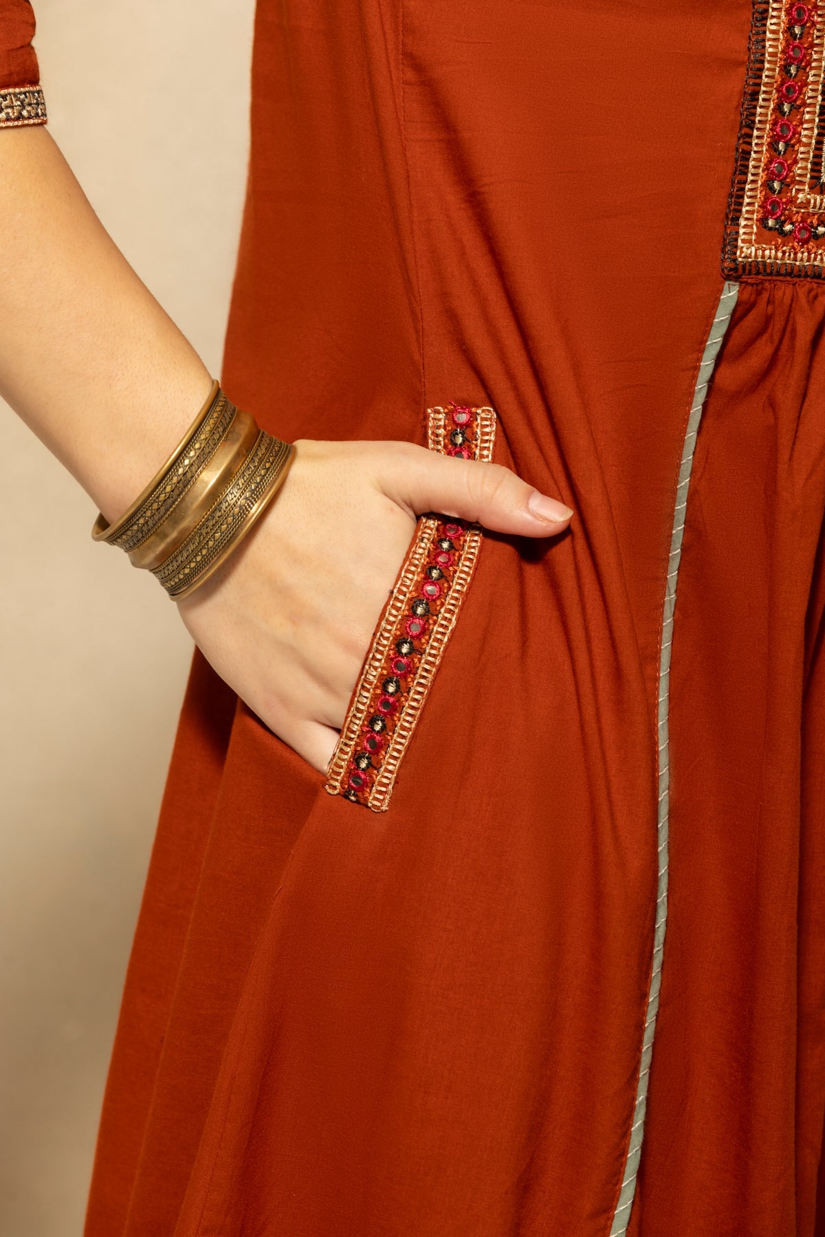 Rust Flared Embroidered Kurta 3 Pcs Set