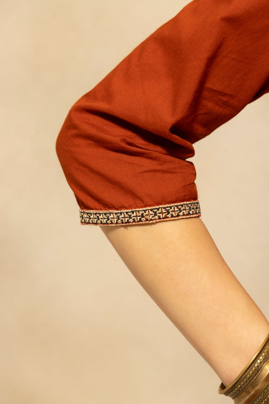 Rust Flared Embroidered Kurta 3 Pcs Set