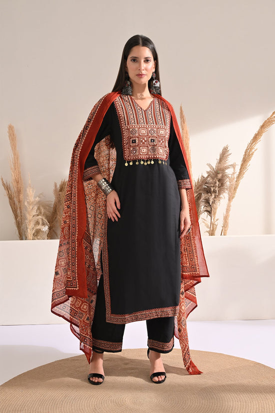 Black Block Printed Kurta 3 Pcs Set