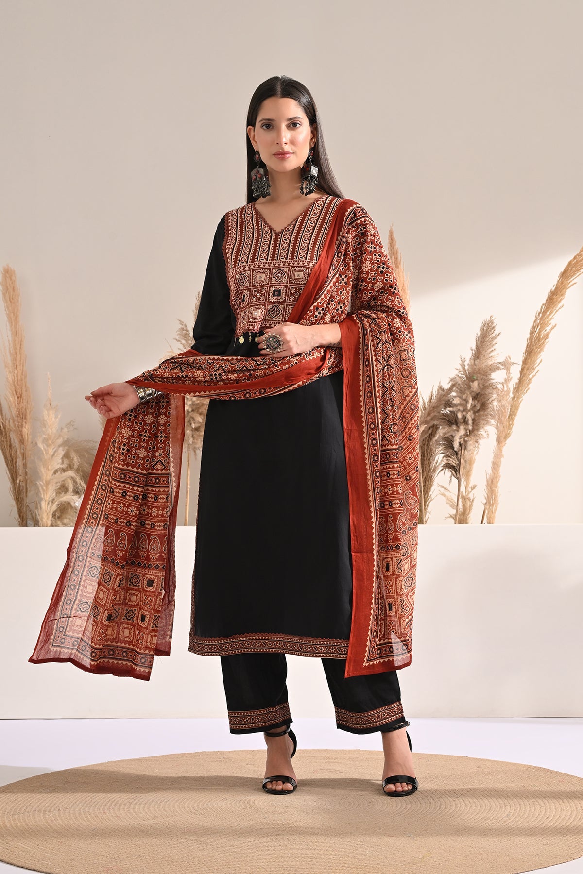 Black Block Printed Kurta 3 Pcs Set