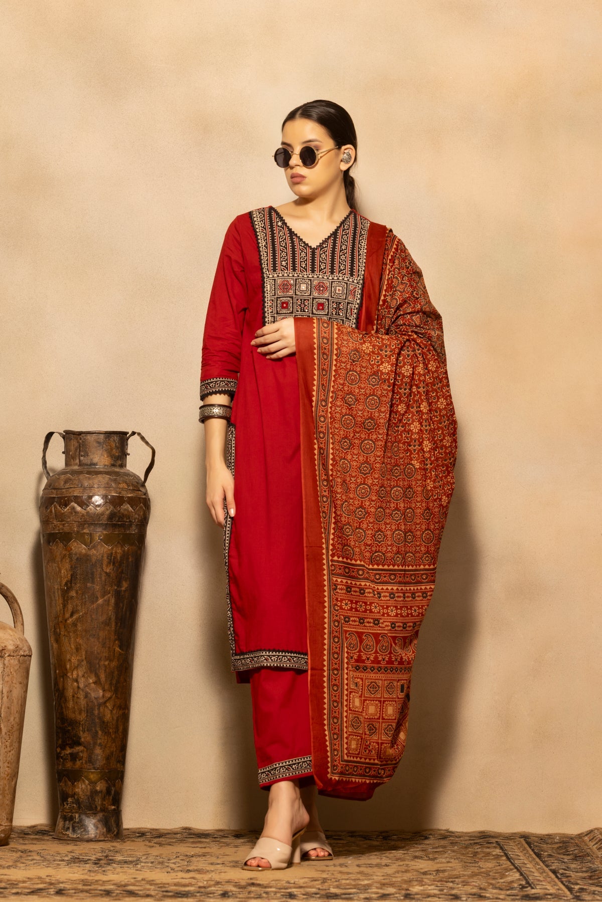 Rust Block Printed Kurta 3 Pcs Set