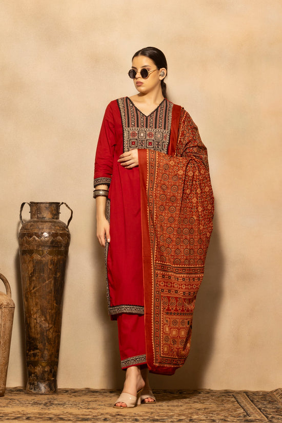 Rust Block Printed Kurta 3 Pcs Set