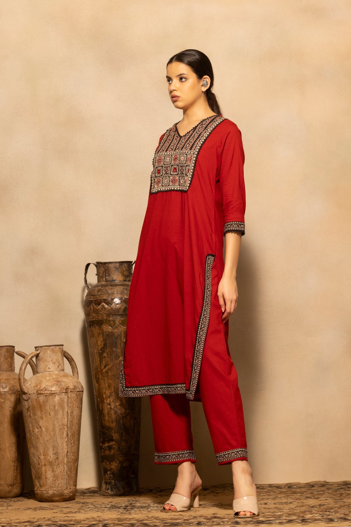 Rust Block Printed Kurta 3 Pcs Set