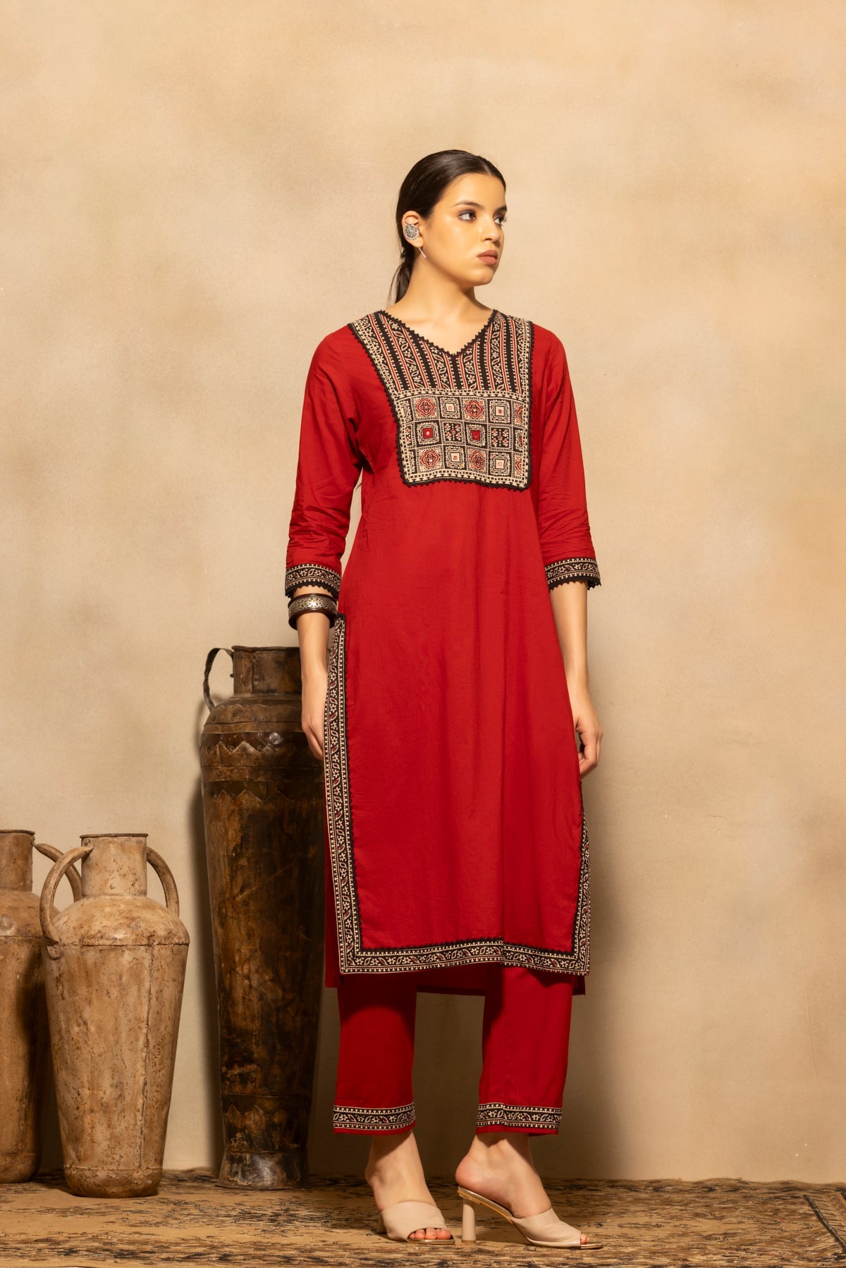 Rust Block Printed Kurta 3 Pcs Set
