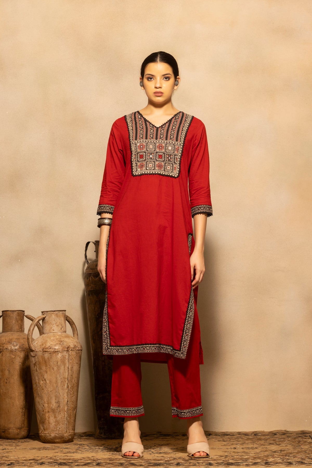 Rust Block Printed Kurta 3 Pcs Set