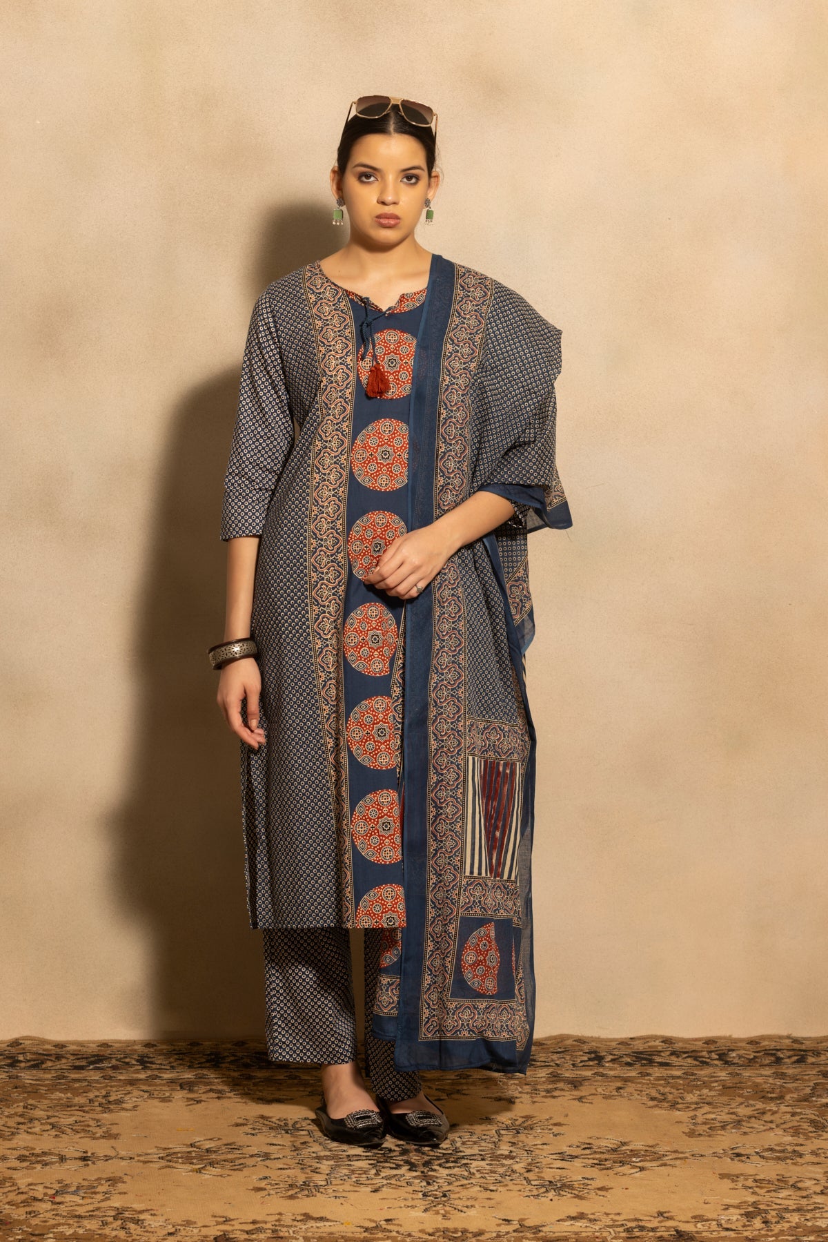 Blue Block Printed Kurta 3 Pcs Set