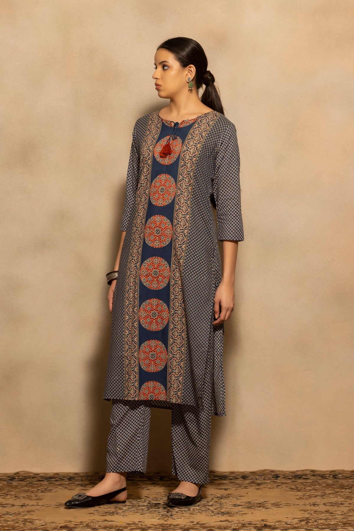 Blue Block Printed Kurta 3 Pcs Set