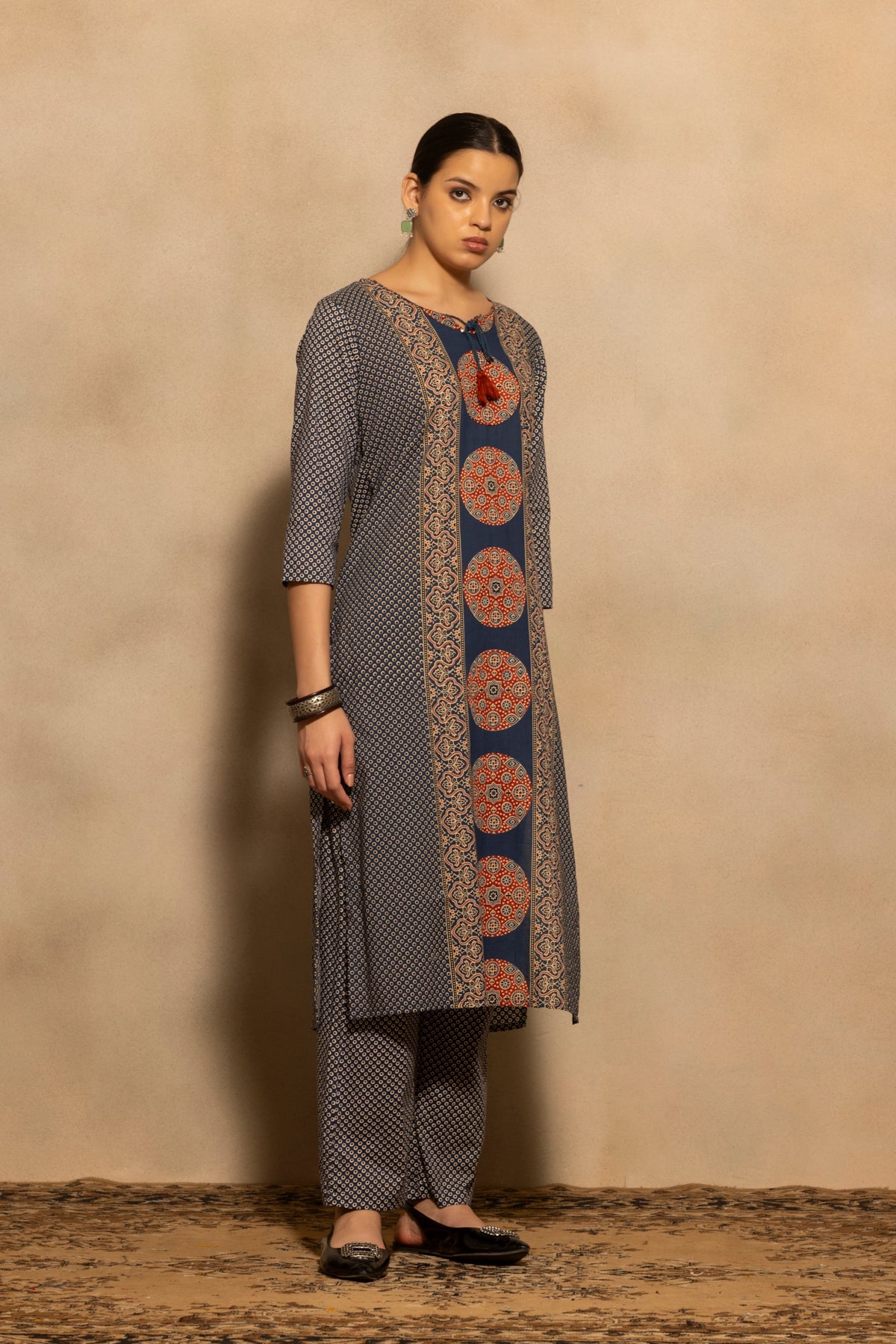 Blue Block Printed Kurta 3 Pcs Set