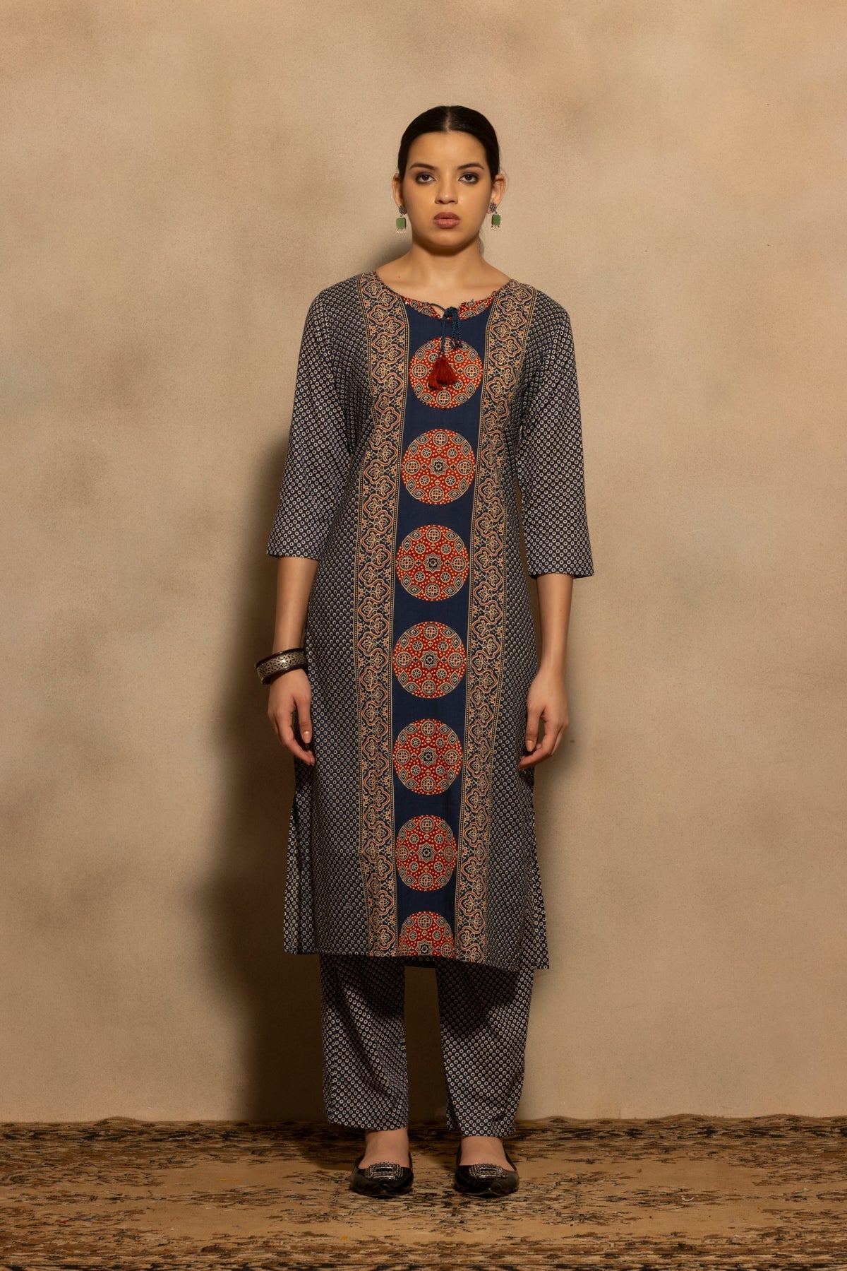 Blue Block Printed Kurta 3 Pcs Set