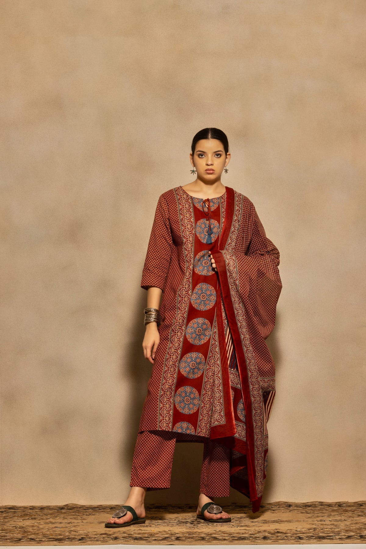 Rust Block Printed Kurta 3 Pcs Set